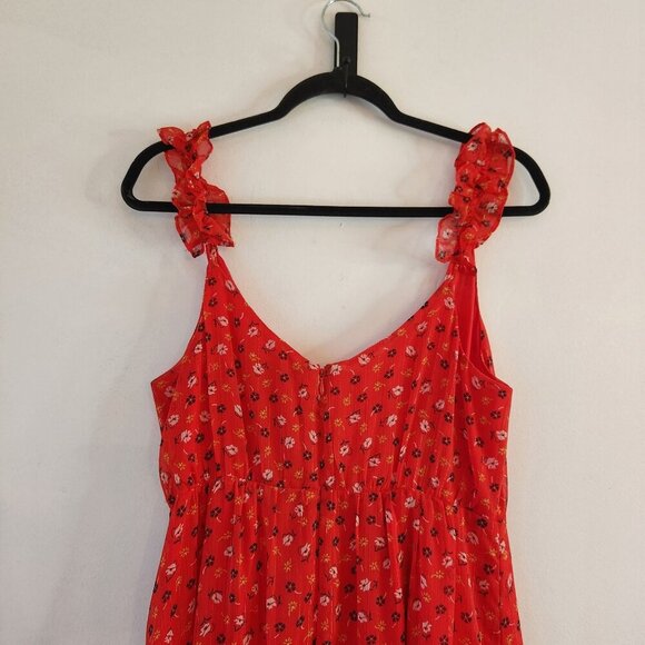 Madewell Ruffle-Strap Wrap Dress Red Midi Floral Print Summer Women's 6 - Picture 6 of 12